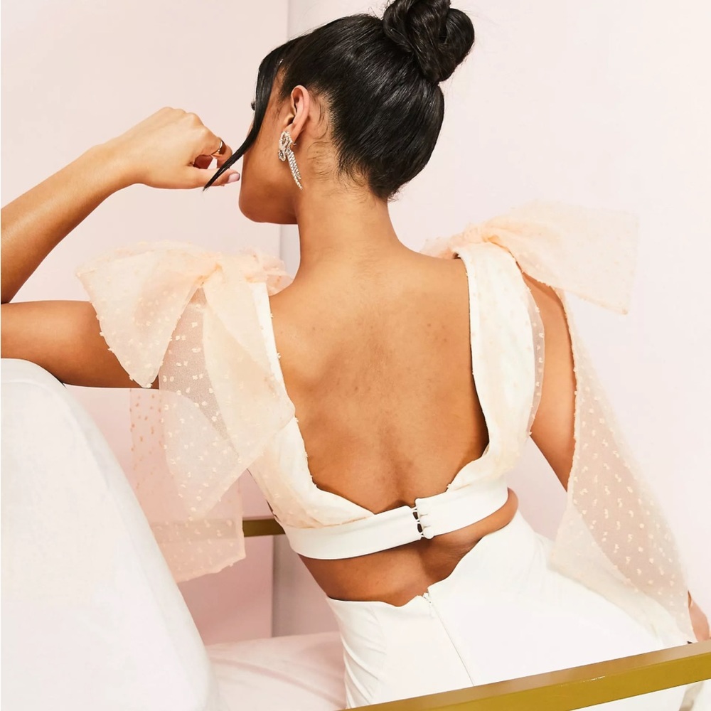 ASOS LUXE textured tie shoulder top in cream pale pink tulle bow crop US 6 small - Picture 4 of 12
